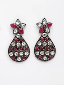PANASH Women Pink & White Silver-Toned Studded Oxidized Contemporary Jhumka Earrings