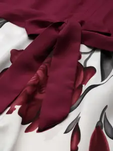 Deewa Burgundy & White Floral Crepe Maxi Dress With Belt