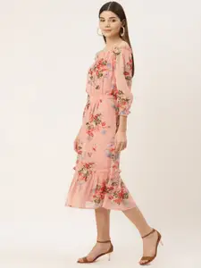 Deewa Peach-Coloured Floral Off-Shoulder Georgette A-Line Midi Dress