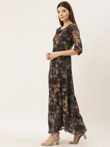 Deewa Black & Blue Abstract Printed Georgette Tiered Maxi Dress