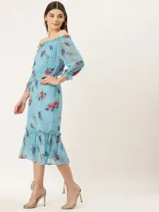 Deewa Blue Georgette Floral Print Off-Shoulder A-Line Dress