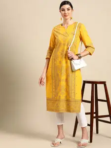 Anouk Women Yellow Floral Printed Flared Sleeves Kurta