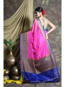 Charukriti Pink & Blue Ethnic Motifs Zari Organza Saree