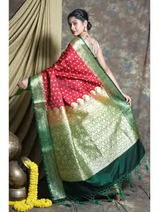 Charukriti Red & Green Floral Zari Pure Silk Banarasi Saree