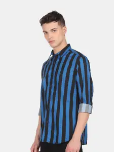 Flying Machine Men Blue Cotton Striped Regular Fit Casual Shirt