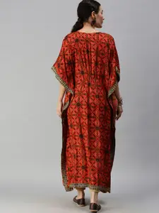 SHOWOFF Women Orange Bandhani Printed Flared Sleeves Kaftan Kurta