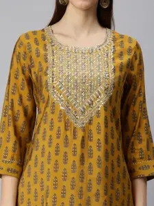 SHOWOFF Women Mustard Yellow Ethnic Motifs Square Neck Straight Kurta