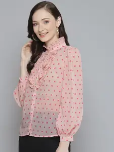 SASSAFRAS Women Peach-Coloured Sheer Ruffled Printed Casual Shirt