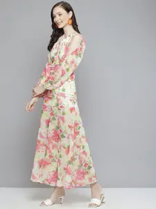 SASSAFRAS White & Green Floral Georgette Maxi Dress