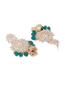 ANIKAS CREATION Green & Gold Kundan Studded Contemporary Chandbalis Earrings