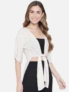 Trend Arrest Women Off White & Pink Printed Tie Up Front Longline Shrug