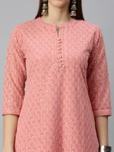 SHOWOFF Women Peach-Coloured Poly Chiffon Mandarin Collar Chikankari Straight Kurta