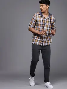 WROGN Men Khaki & Multi Tartan Checks Full Sleeves Hood Casual Shirt