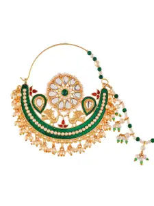 Silvermerc Designs Gold-Plated White & Green Kundan Studded Meenakari Chained Nose Ring