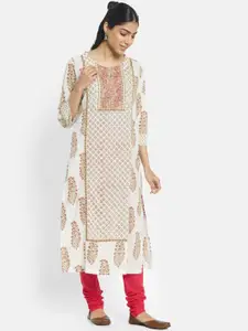 Fabindia Women Off White & Pink Ethnic Motifs Block Printed Keyhole Neck Cotton Kurta