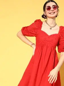 Athena Red Solid Puff-Sleeve Fit and Flare Dress