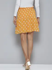 SASSAFRAS Women Mustard Yellow & White Polka Dots Printed Smocked Waist Mini Flared Skirt