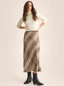 MANGO Black & Taupe Snake Print A-Line Midi Skirt