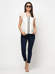 Purple State White Mandarin Collar Georgette Top