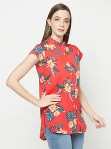 Purple State Red & Teal Blue Tropical Print Mandarin Collar Shirt Style Top