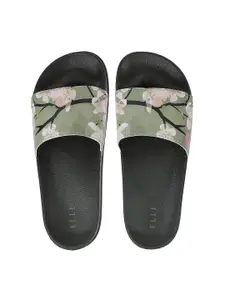 ELLE Women Olive Green & Black Floral Printed Sliders