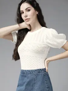 Roadster White Self Design Crochet Puff Sleeves Top