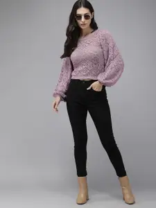 The Roadster Life Co. Pink Light Green Geometric Pattern Pure Cotton Open-Knitted Top