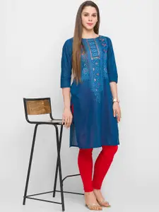 Globus Women Blue Geometric Embroidered Thread Work Kurta