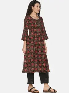 Saffron Threads Women Black Ethnic Motifs Printed Flared Sleeves Thread Work Cotton Kurta