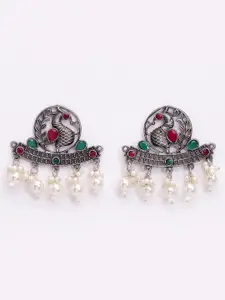 PANASH Oxidized Silver -Toned Peacock Shaped Pearl Drop Earrings