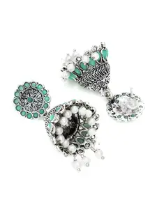 aadita Oxidised Silver-Plated Green & White Stone Studded & Beaded Jhumkas Earrings