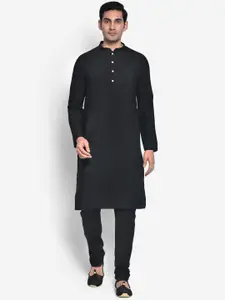 KISAH Men Black & Red Kurta with Churidar & Nehru Jacket Set