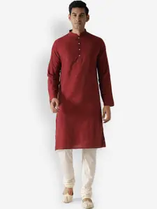 KISAH Men Off White & Red Printed Kurta with Churidar & Jacket