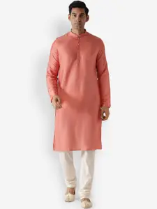 KISAH Men Peach-Coloured & Off-White Kurta with Churidar & Nehru Jacket