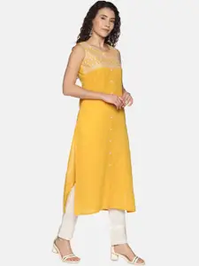 Saffron Threads Women Yellow Floral Embroidered Thread Work Kurta