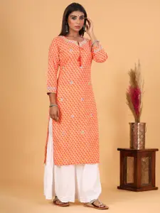 KAAJH Women Orange Bandhej Print Cotton Casual Kurta
