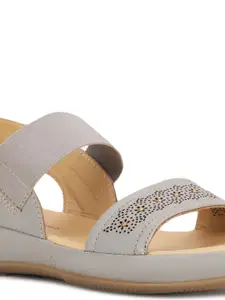 Hush Puppies Grey & Gold-Toned Woven Design Leather Comfort Heels