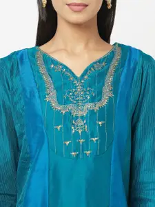 Fabindia Women Blue Colourblocked Thread Work Cotton Silk Zari Striped Kurta