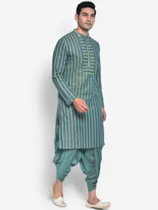 KISAH Men Green Striped Knee Length A-Line Kurta