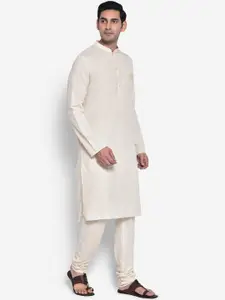 KISAH Men White Solid Mandarin Collar Cotton Straight Kurta