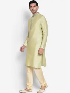 KISAH Men Green & White Solid Mandarin Collar Cotton Straight Kurta