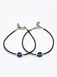 PANASH Set Of 2 Silver-Plated Black & Blue Beaded Evil Eye Handcrafted Anklets