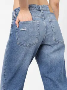 ONLY Women Blue High-Rise Highly Distressed Light Fade Cotton Jeans