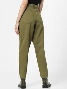 ONLY Women Olive Green Straight Fit High-Rise Highly Distressed Cotton Jeans