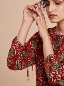 W The Folksong Collection Red Floral Ethnic A-Line Midi Dress