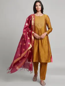 W The Folksong Collection Women YelloW The Folksong Collection & Gold-Toned Yoke Design Cotton Silk Thread Work Kurta