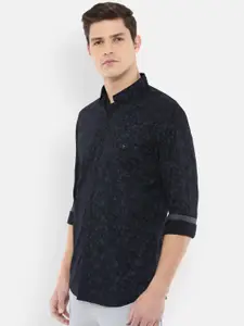 Louis Philippe Jeans Men Navy Blue Slim Fit Floral Printed Cotton Casual Shirt
