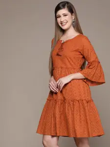Ishin Women Orange Schiffli Pure Cotton Tiered Empire Dress