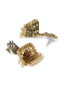 ANIKAS CREATION Gold-Plated & Off White Peacock Shaped Jhumkas Earrings