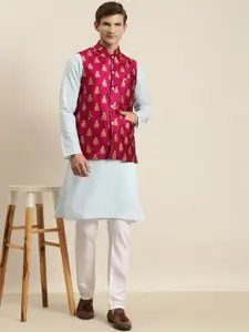 SOJANYA Men Blue Kurta with Churidar & Nehru Jacket